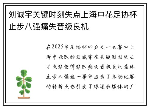 刘诚宇关键时刻失点上海申花足协杯止步八强痛失晋级良机