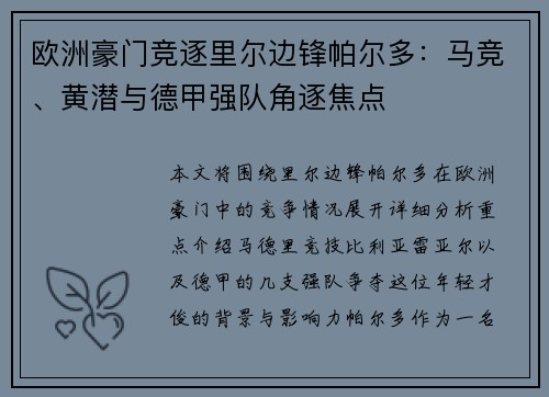 欧洲豪门竞逐里尔边锋帕尔多：马竞、黄潜与德甲强队角逐焦点