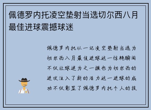 佩德罗内托凌空垫射当选切尔西八月最佳进球震撼球迷